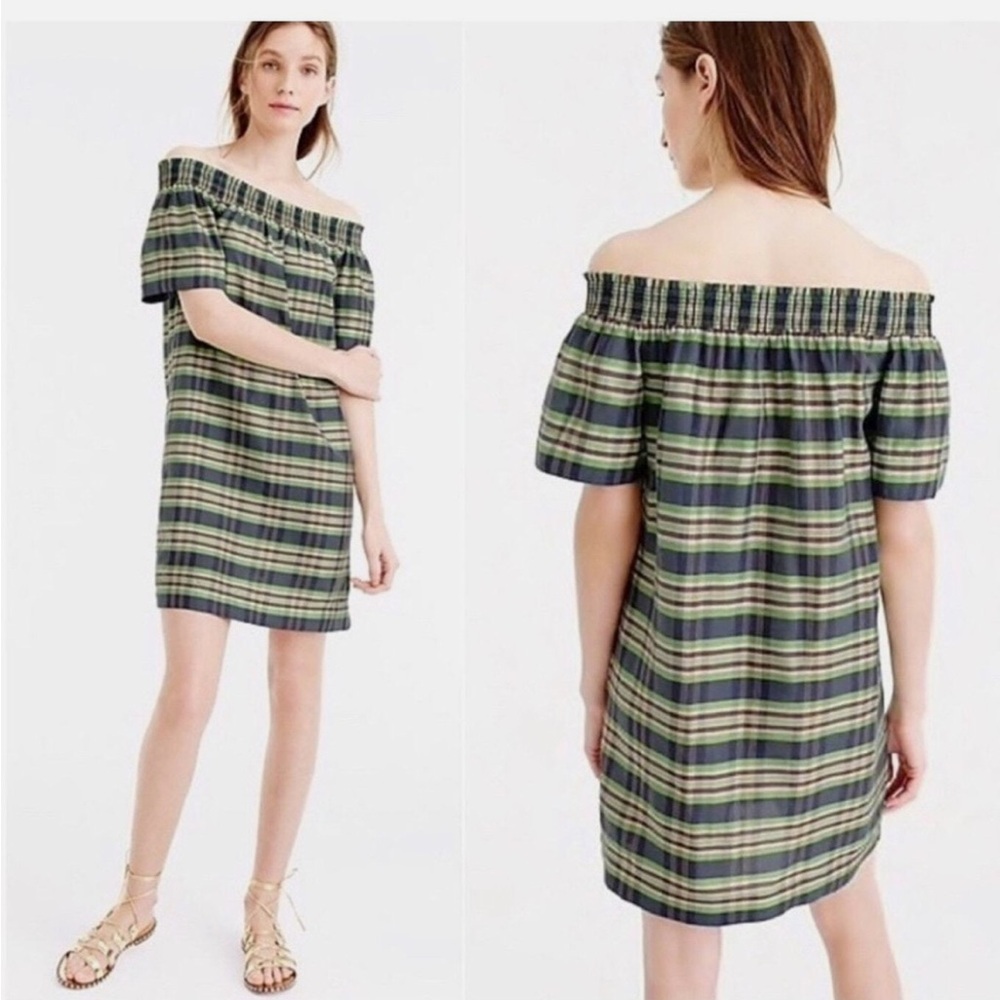J. Crew Collection 100% Silk Plaid Off-Shoulder Mini Dress Size 4